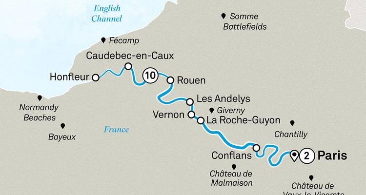 Normandie-Seine-Kreuzfahrtkarte mit Route von Paris nach Honfleur und markierten Schlachtfeld-Stopps.