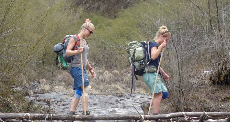 Two backpackers carefully cross a narrow log bridge during a forest trek in the Annapurna region.
