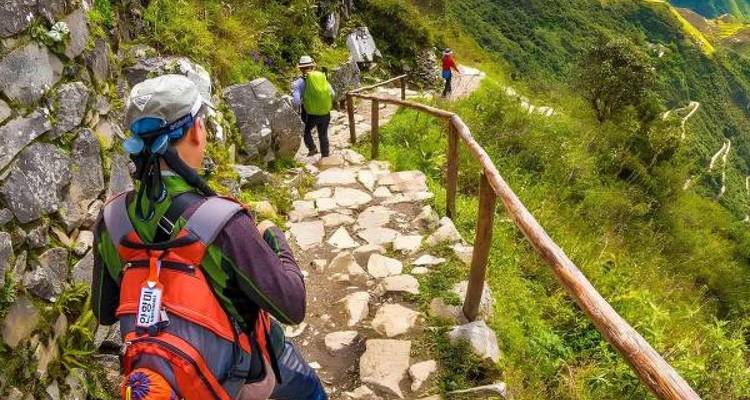 Excursionista con mochila roja desciende por un sendero pedregoso de la selva protegido por barandillas de madera.
