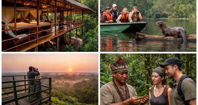 Collage que muestra alojamiento en la selva, tour de vida silvestre fluvial, plataforma de observación del amanecer y experiencia de guía cultural en la selva amazónica.