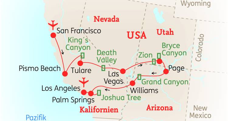 Geïllustreerde routekaart van een reisroute langs de Amerikaanse westkust en nationale parken.