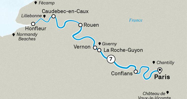 Carte d'itinéraire simplifiée d'une croisière fluviale entre Paris et Honfleur avec les arrêts mis en évidence.