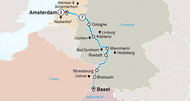 Geïllustreerde routekaart van een Rijnreis-reisroute van Amsterdam naar Basel met markering van grote Duitse en Franse steden.