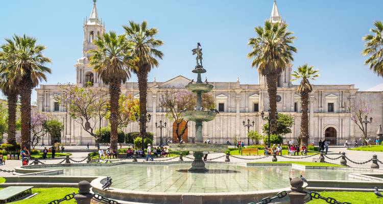 Fuente en la Plaza de Armas de Arequipa enmarcada por palmeras y la fachada blanca de la catedral.