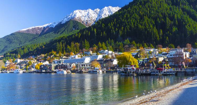 Lakefront stad Queenstown ligt onder besneeuwde bergtoppen en dichte naaldbossen.