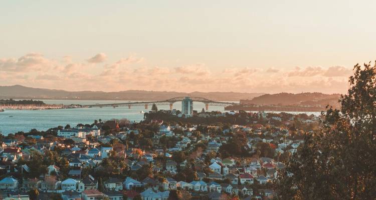 Wijde blik over voorstedelijke daken richting Auckland Harbour Bridge in zacht zonsondergangslicht.