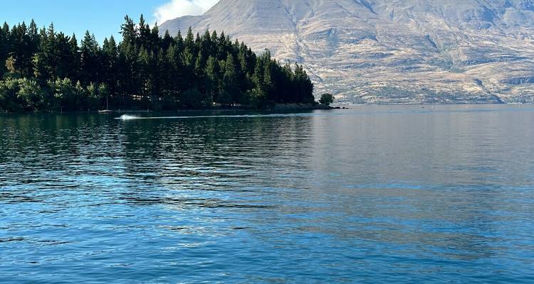 Kalm blauw meer omringd door dennenbos met ruige bergen op de achtergrond.