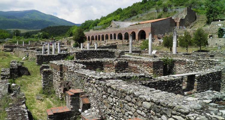 Extensas ruinas de piedra antiguas con hileras de muros bajos y columnas sobrevivientes dispuestas contra colinas verdes.