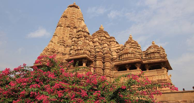 Un autre temple orné en grès de Khajuraho s'élève derrière des fleurs de bougainvilliers roses en fleurs.