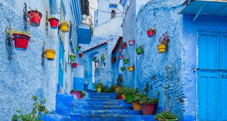 Schmale blaue Gasse in Chefchaouen, geschmückt mit bunten hängenden Blumentöpfen und einer Treppe