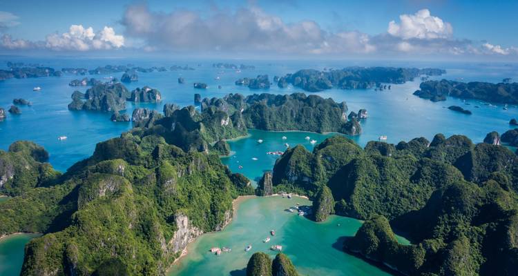 Atemberaubendes Luftpanorama der smaragdgrünen Gewässer der Halong-Bucht und ihrer unzähligen Kalkstein-Karstinseln.