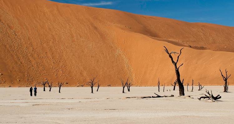 Twee bezoekers dwalen over de gebleekte klei van Deadvlei, gedwergd door enorme rode zandduinen en dode bomen.