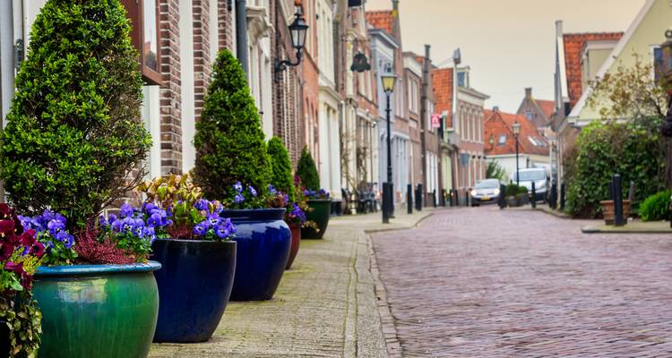 Charmante Nederlandse dorpsstraat met bakstenen bestrating, bloempotten en gevels onder een zachte hemel.