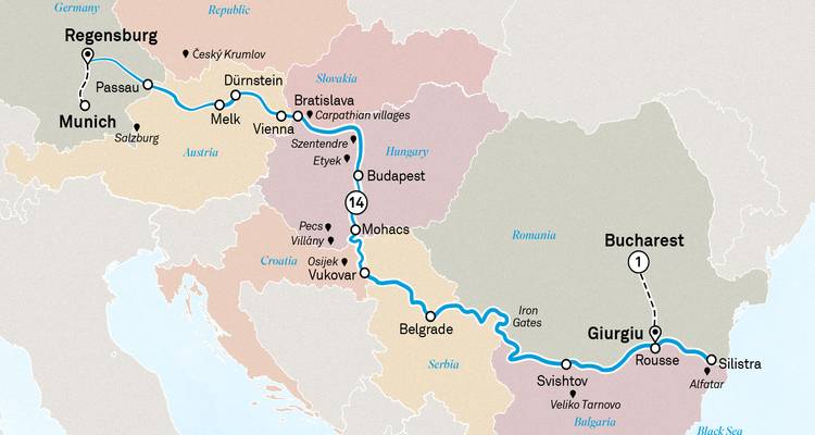 Carte montrant l'itinéraire de croisière sur le Danube de Ratisbonne à Bucarest avec les ports principaux