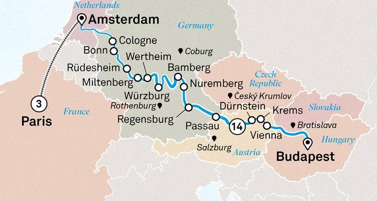 Kaart van cruiseroute die Parijs, Amsterdam en Boedapest verbindt met tussenliggende steden.