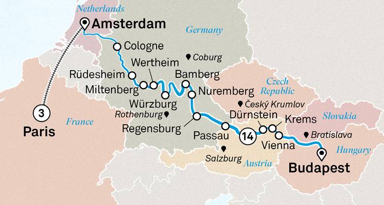 Carte informative décrivant une croisière d'Amsterdam à Budapest avec extension à Paris.