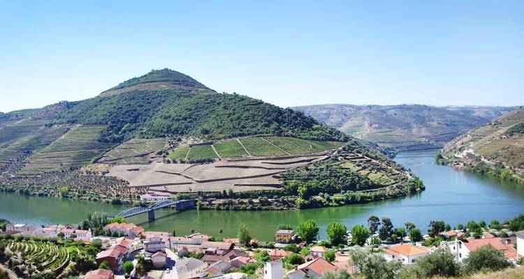Las viñas en terrazas se extienden alrededor de colinas ondulantes junto al ancho río Duero con un puente que cruza hacia un pequeño pueblo.