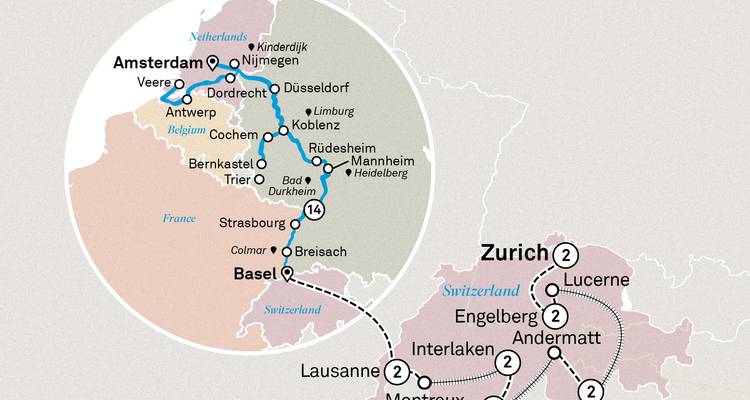 Carte d'itinéraire présentant un circuit à travers Amsterdam, Zurich et Bâle avec section de croisière fluviale.