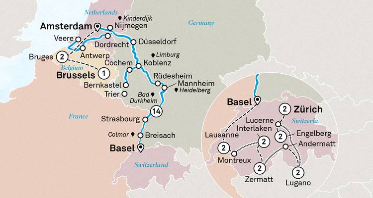 Carte d'itinéraire croisière et train couvrant Amsterdam, Bruxelles, le Rhin et les Alpes suisses