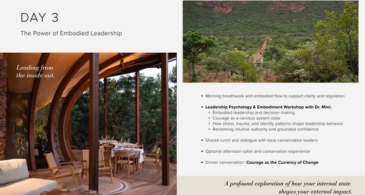 Reiseplan-Folie Tag 3 mit Lodge-Essbereich und Giraffen-Foto plus Text.