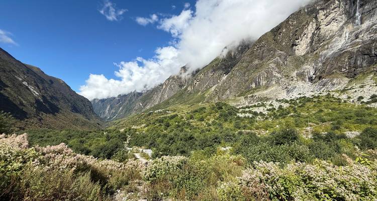 Weitläufiges Himalaya-Tal mit üppig grünen Hängen, hohen Felsgipfeln und treibenden Wolken unter blauem Himmel.