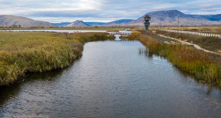 Vista aérea de una reserva de humedales con torre de observación, pasarela entablada y montañas distantes bajo cielos nublados.