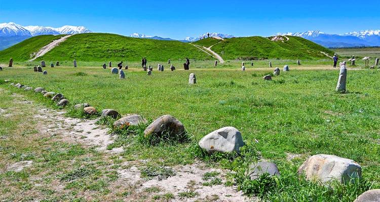 Plaine de steppe verte parsemée de statues de pierre anciennes de balbal avec des pics enneigés en arrière-plan.