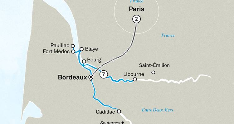 Carte d'itinéraire simplifiée montrant les trajets entre Paris et Bordeaux avec les villes environnantes et les routes fluviales mises en évidence.