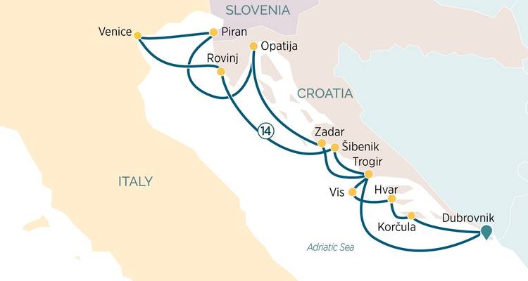 Stylized route map showing an Adriatic cruise itinerary from Venice to Dubrovnik with stops in Croatia and Slovenia.
