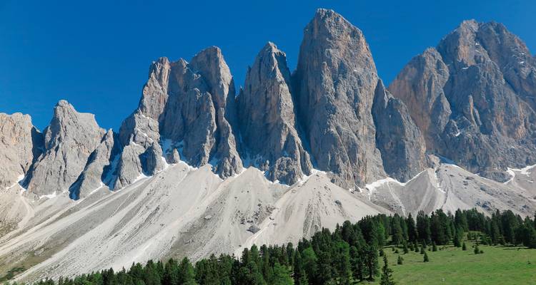 Rij van naaldvormige kalkstenen torens die scherp oprijzen boven alpenbos onder diepblauwe hemel.