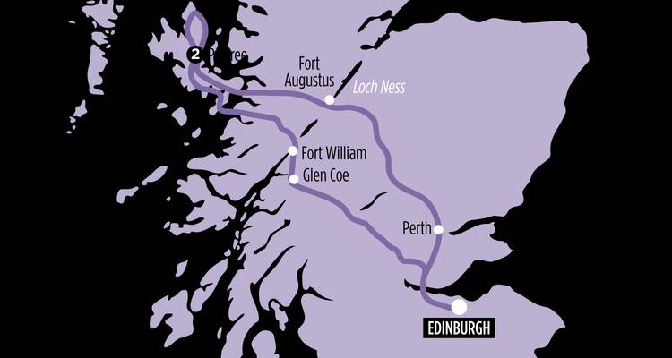 Mapa de un itinerario por las Tierras Altas de Escocia desde Edimburgo hasta Fort Augustus y la Isla de Skye