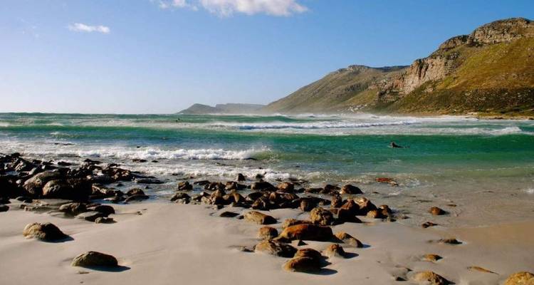 Littoral rocheux et surf turquoise sous un ciel dégagé sur une plage pittoresque de la péninsule du Cap.