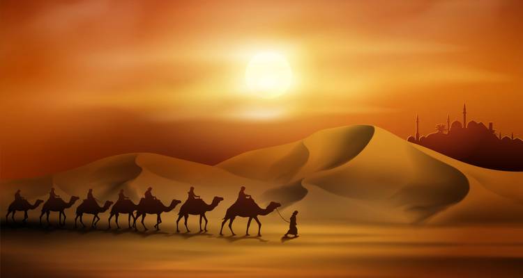 Caravane de chameaux en silhouette traversant des dunes de désert dorées sous un ciel de coucher de soleil dramatique avec un horizon lointain.