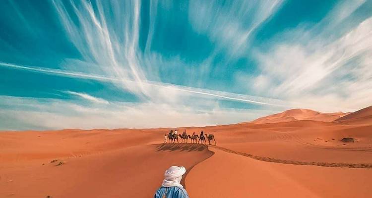 File de voyageurs sur des chameaux traversant des dunes orange douces sous un ciel bleu éclatant dans le Sahara.