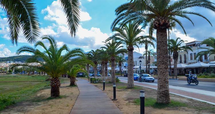 Palmenboomrijke voetgangersroute naast een straat met cafés, auto's en blauwe lucht met wolkjes.