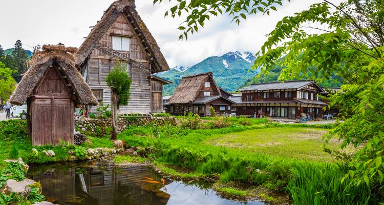 Casas de granja de estilo gassho con techo de paja se encuentran junto a arrozales exuberantes y un estanque reflectante rodeado de montañas verdes y picos nevados.