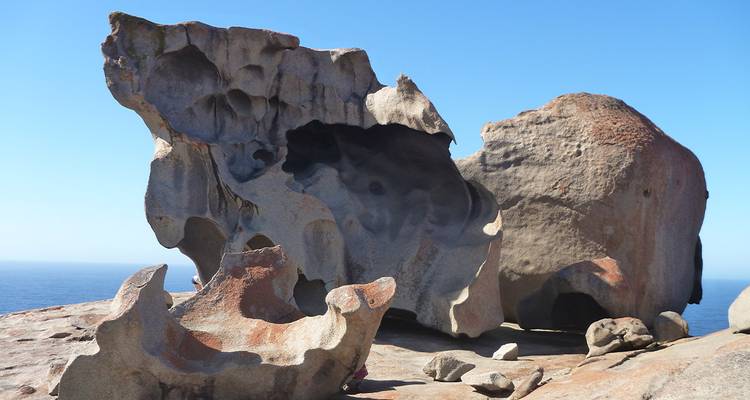 Geërodeerde granietformaties bekend als Remarkable Rocks die boven de oceaan uitsteken onder een heldere hemel.