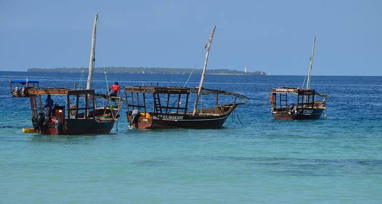 Traditional wooden dhows anchored in clear turquoise Zanzibar waters.