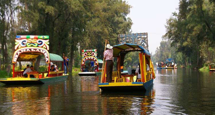 Des bateaux trajinera colorés naviguant sur les canaux de Xochimilco entourés de verdure.