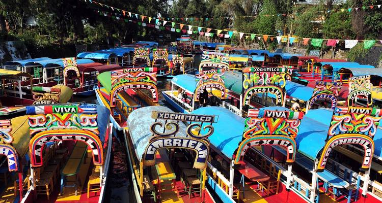 Flotte vibrante de trajineras décorées amarrées côte à côte à Xochimilco.