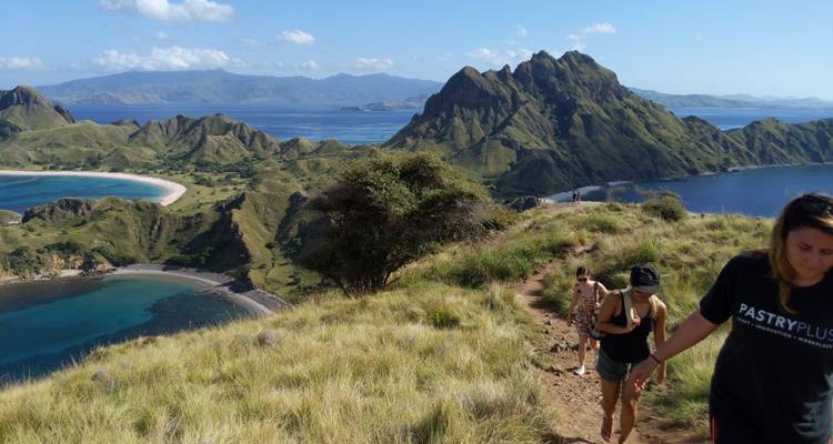 Des randonneurs gravissent une crête herbeuse avec de vastes vues sur Komodo derrière eux.