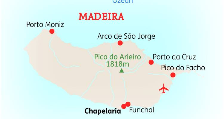 Vereinfachte Touristenkarte der Insel Madeira mit wichtigen Städten und Pico do Areeiro