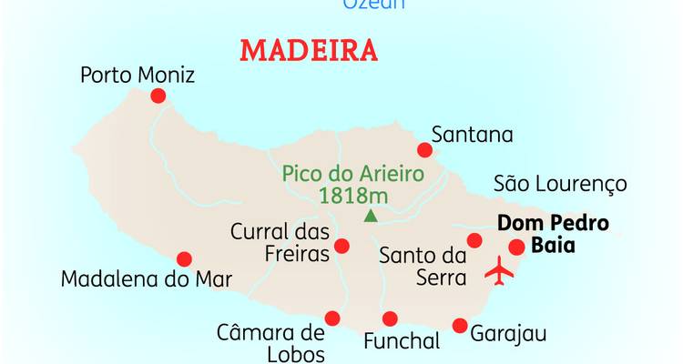 Carte alternative de l'île de Madère mettant en évidence l'hébergement et les principaux sites touristiques