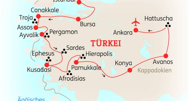Vereinfachte Routenkarte einer Türkei-Tour mit Hervorhebung der wichtigsten Städte und Sehenswürdigkeiten durch rote Linien und Symbole.