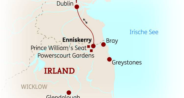 Tourenkarte der Region Dublin und Wicklow mit eingezeichneter Route und Sehenswürdigkeiten