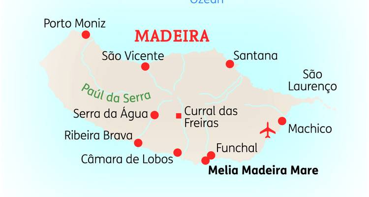 Illustrierte Karte der Insel Madeira mit beschrifteten Städten und Sehenswürdigkeiten