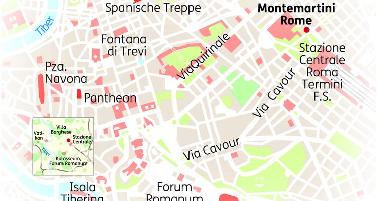 Farbenfrohe Straßenkarte der römischen Innenstadt mit hervorgehobenen Hauptattraktionen