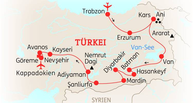 Vereinfachte Reiserouten-Karte der Türkei mit Hervorhebung der Städte und Reiseroute durch das Land.