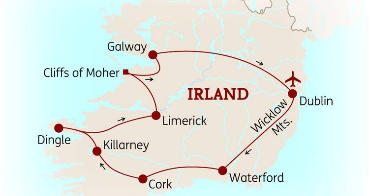Illustrierte Karte von Irland mit einer kreisförmigen Rundreiseroute und wichtigen Haltestellen.