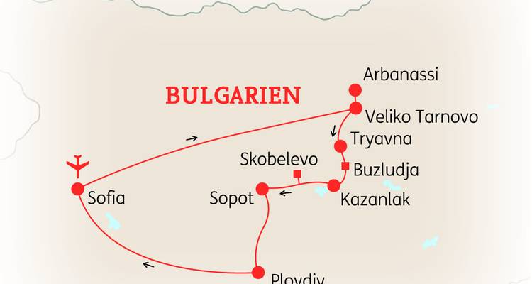 Vereinfachte Reiseroutenkarte einer Reiseroute durch Bulgarien mit markierten wichtigen Haltestellen